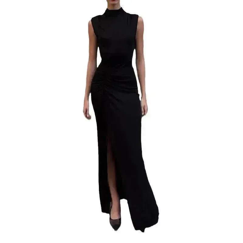 2024 Summer Fashion Round Neck Sleeveless Split Women's  Black Dress