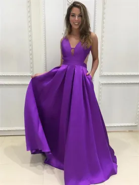 A Line V Neck Backless Purple Satin Long Prom, Backless Purple Ball Gown, V Neck Purple Formal Graduation Evening