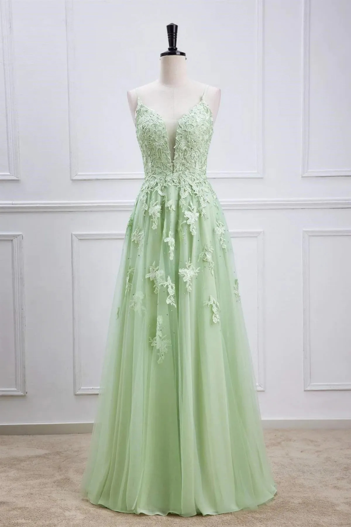 A Line V Neck Beaded Green Lace Long Prom Dress, Green Lace Formal Dress, Green Evening Dress A2065