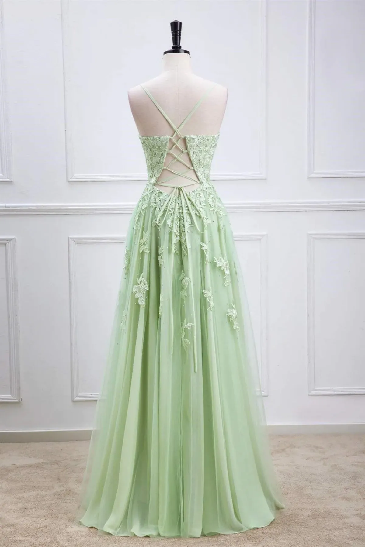 A Line V Neck Beaded Green Lace Long Prom Dress, Green Lace Formal Dress, Green Evening Dress A2065