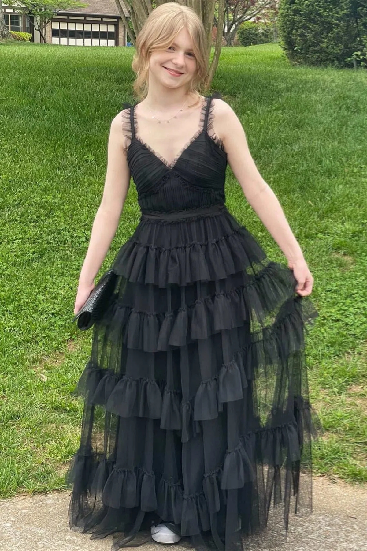 A Line V Neck Black Tulle Layered Long Prom Dress, Open Back V Neck Black Formal Graduation Evening Dress A1987