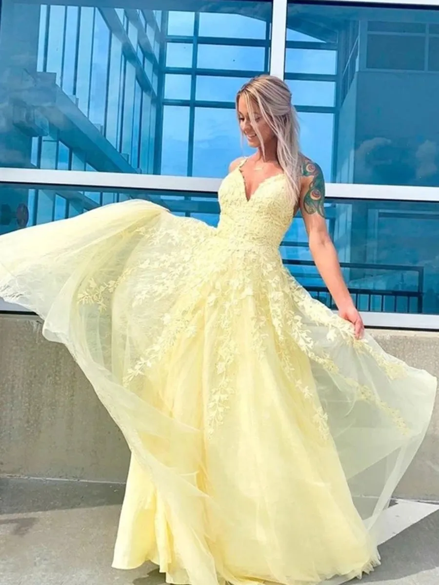 A Line V Neck Tulle Yellow Lace Long Prom, V Neck Yellow Lace Formal, Yellow Lace Evening