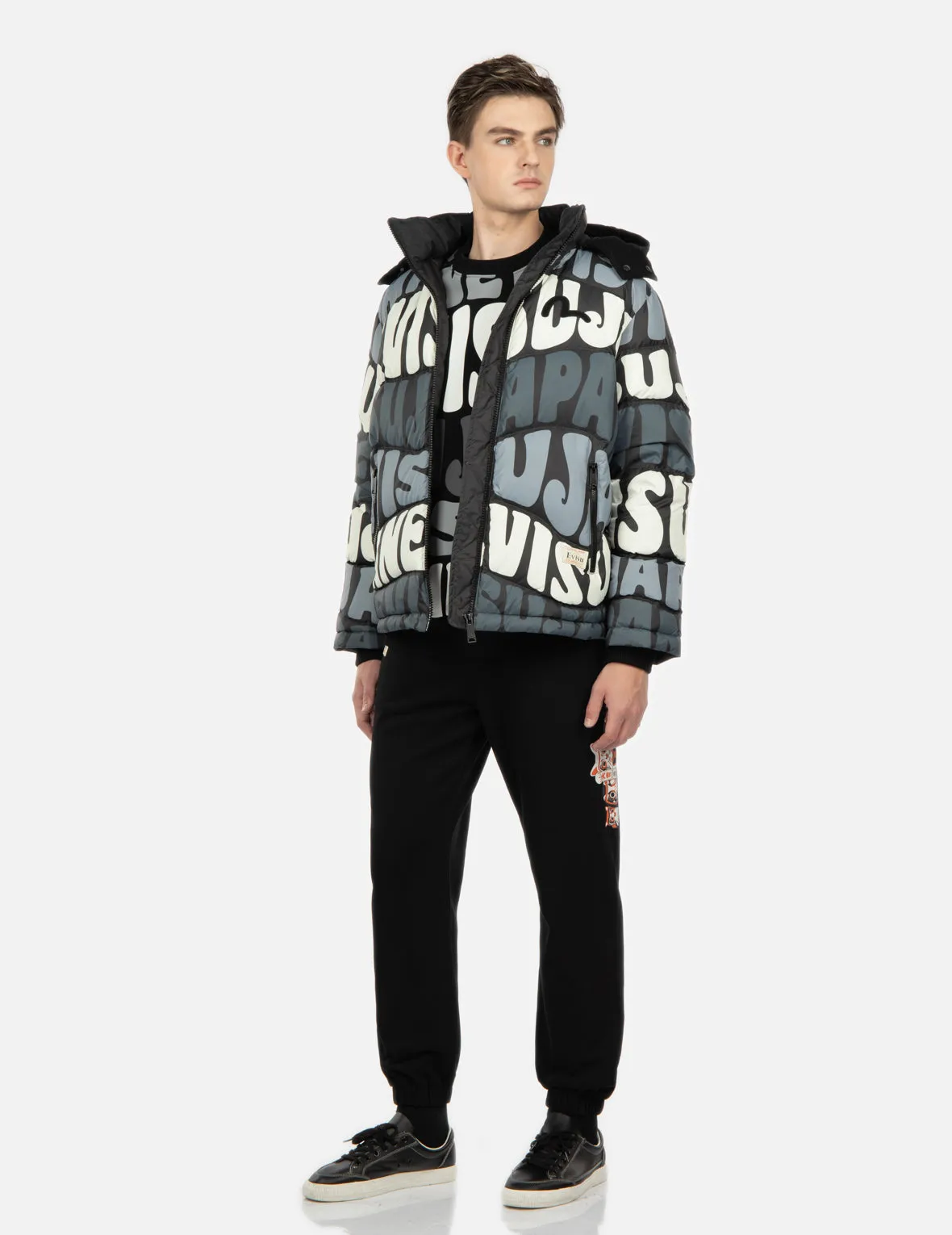 Allover Wavy Text Print Down Jacket