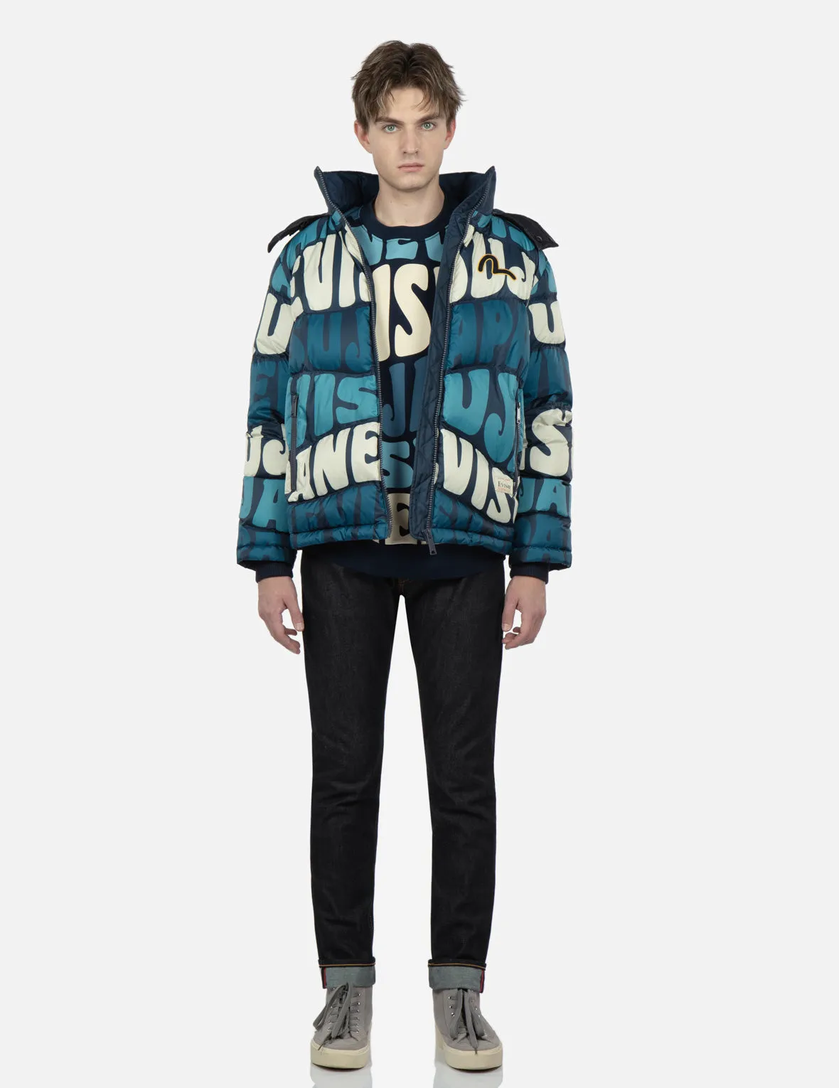 Allover Wavy Text Print Down Jacket