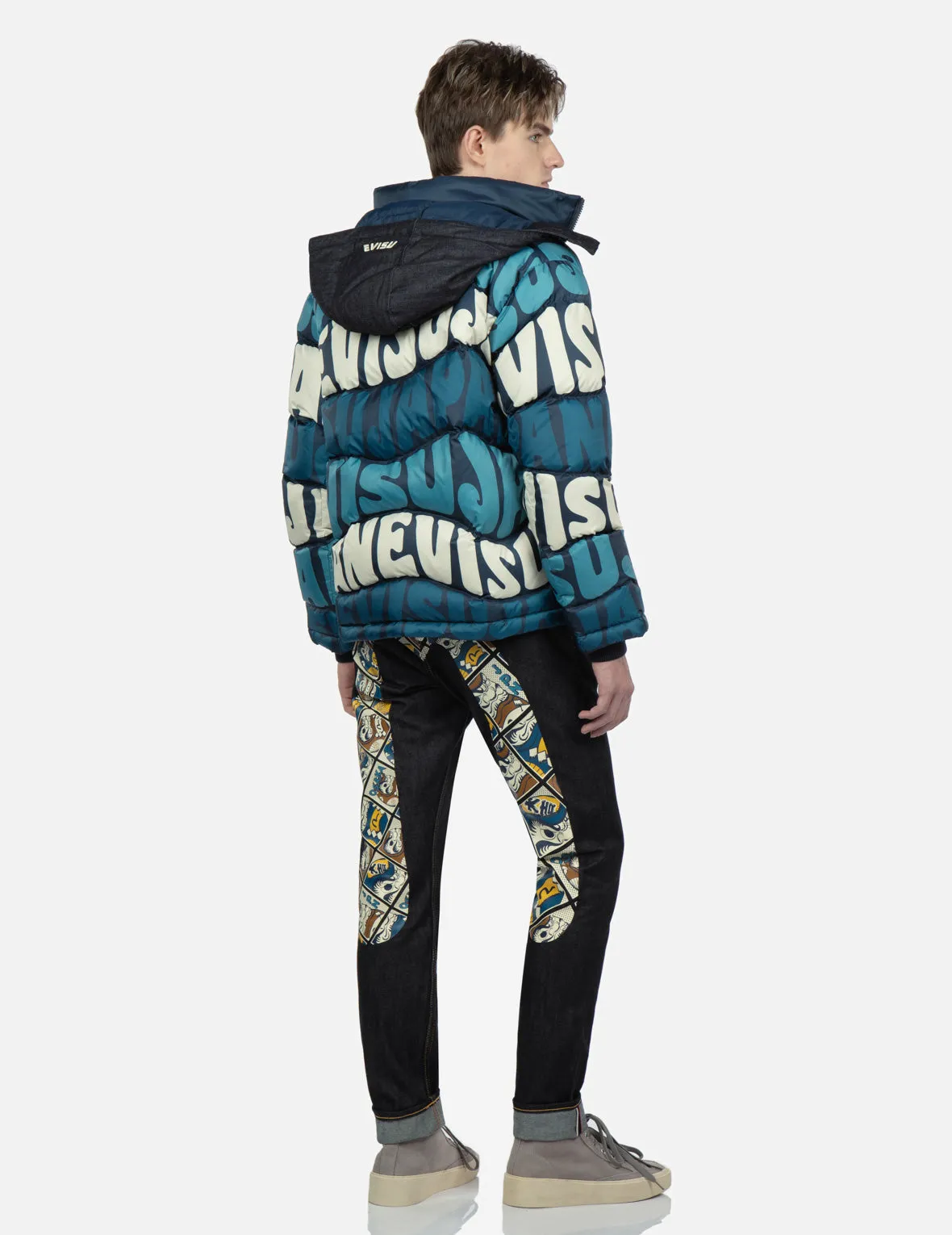 Allover Wavy Text Print Down Jacket