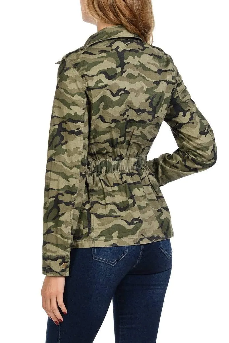 Auliné Collection Women's Drawstring Utility Anorak Military Camo Jacket