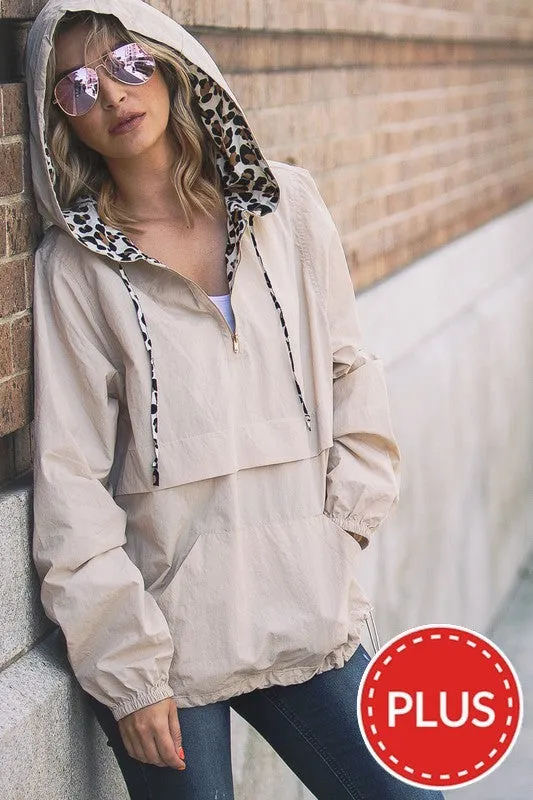 Beige Leopard Print Hoodie Zipper Up Pocket Windbreaker