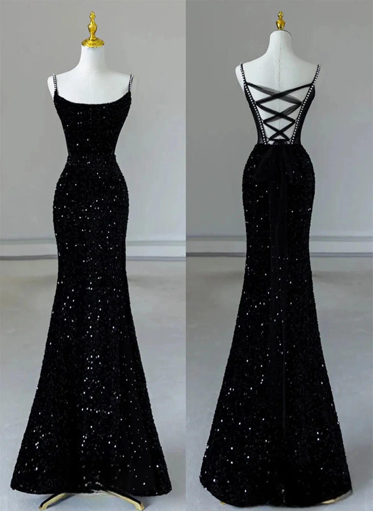 Black Mermaid Sequins Long Formal Dress, Black Straps Long Evening Dress