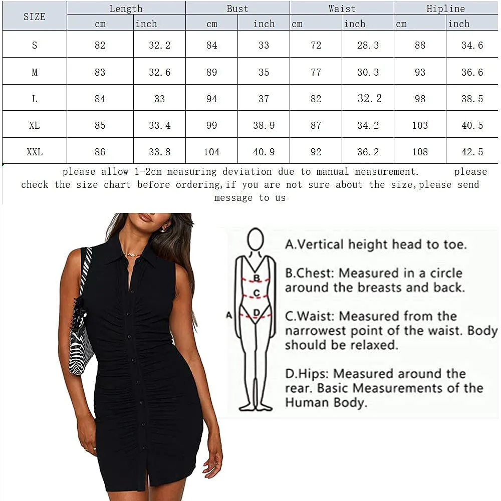 BUOYDM Women Bodycon Dress Sleeveless Ruched Slim Short Mini Club Dresses with Buttons