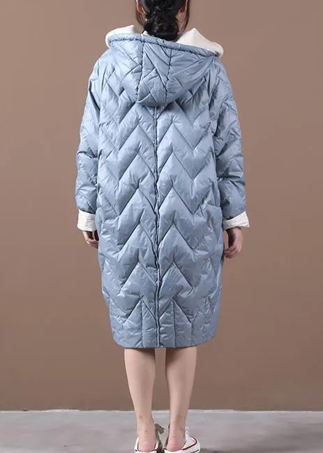 Casual Loose fitting down jacket overcoat light blue hooded zippered duck down coat