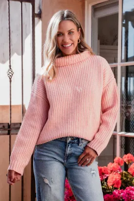 Chunky Pink Ribbed Turtleneck Sweater