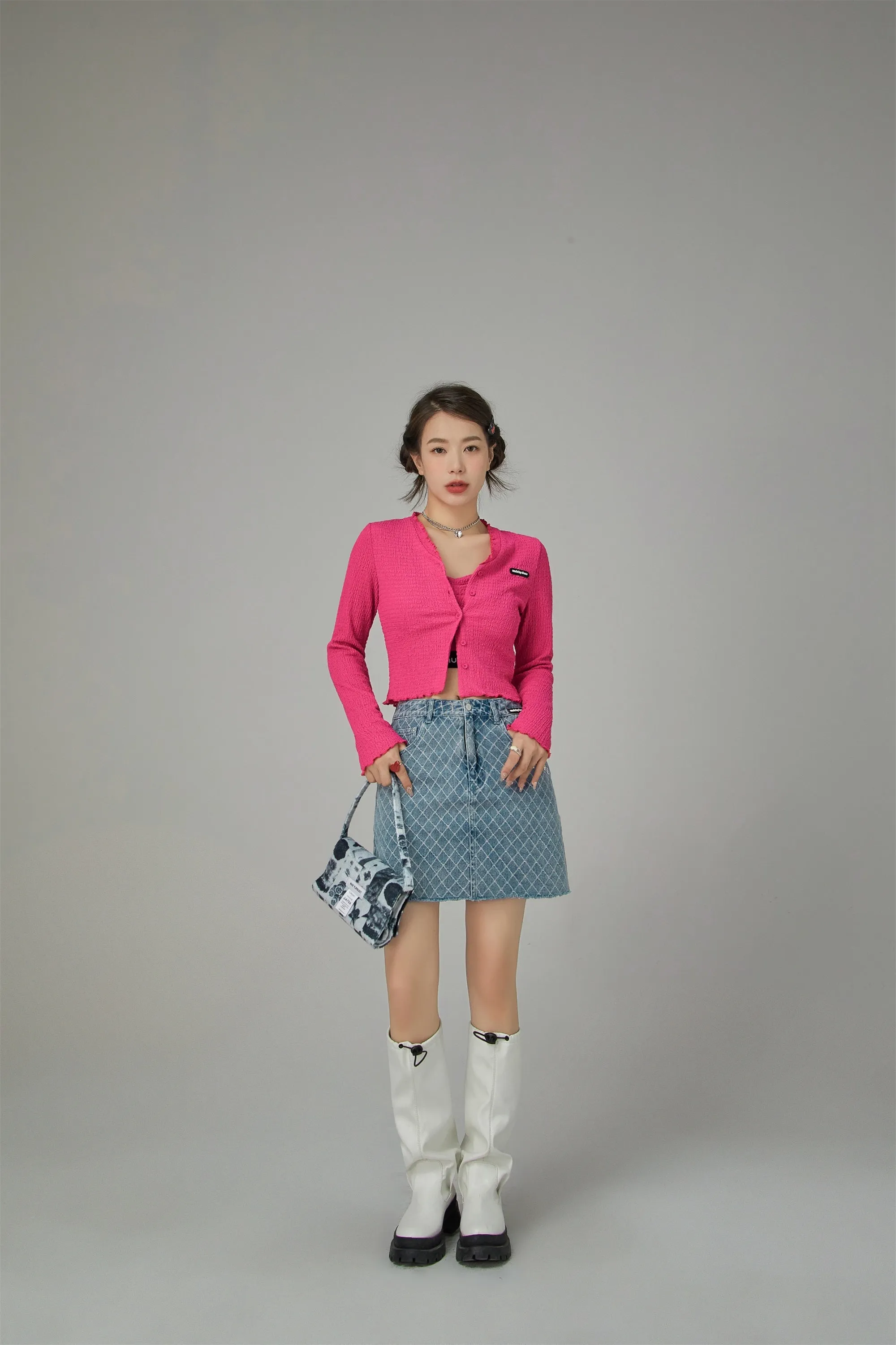 Chuu Girl Diamond Check Denim Skirt