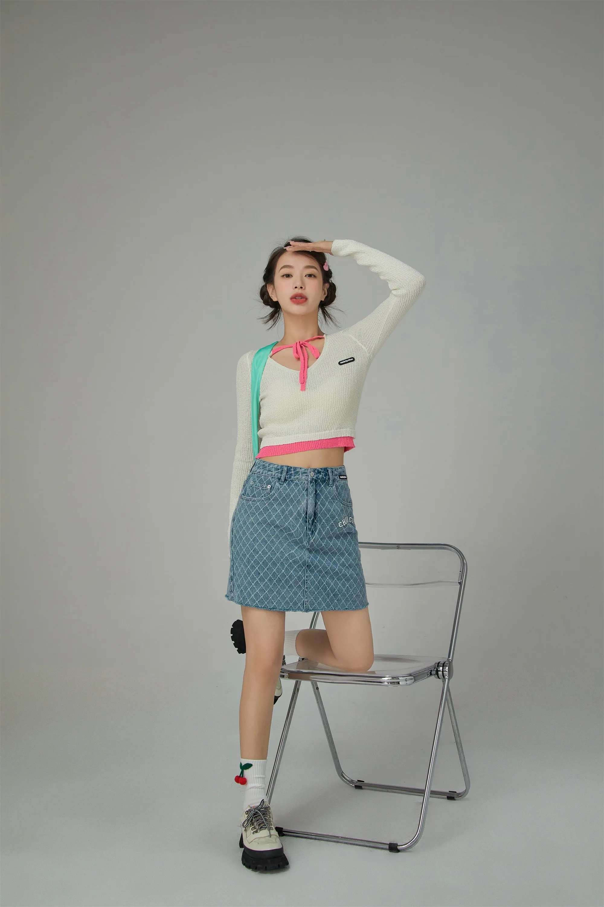 Chuu Girl Diamond Check Denim Skirt