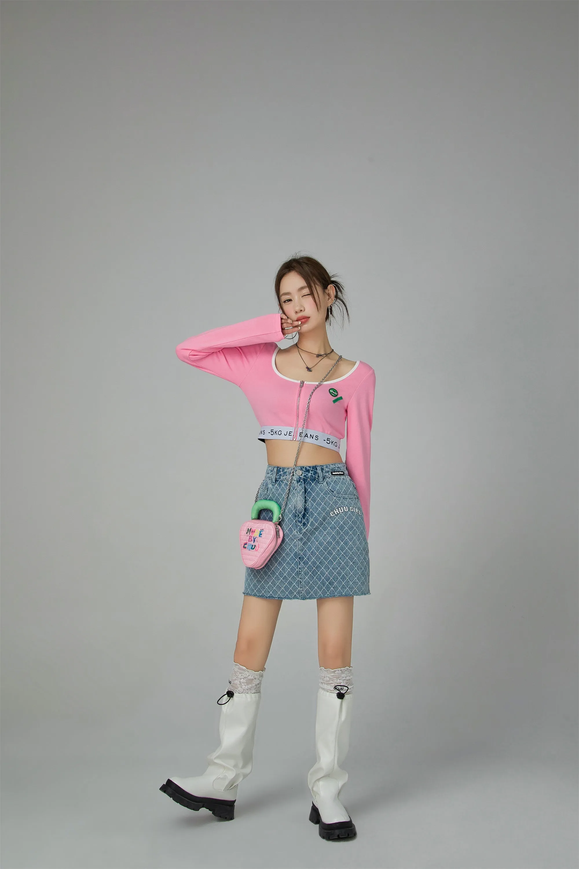 Chuu Girl Diamond Check Denim Skirt