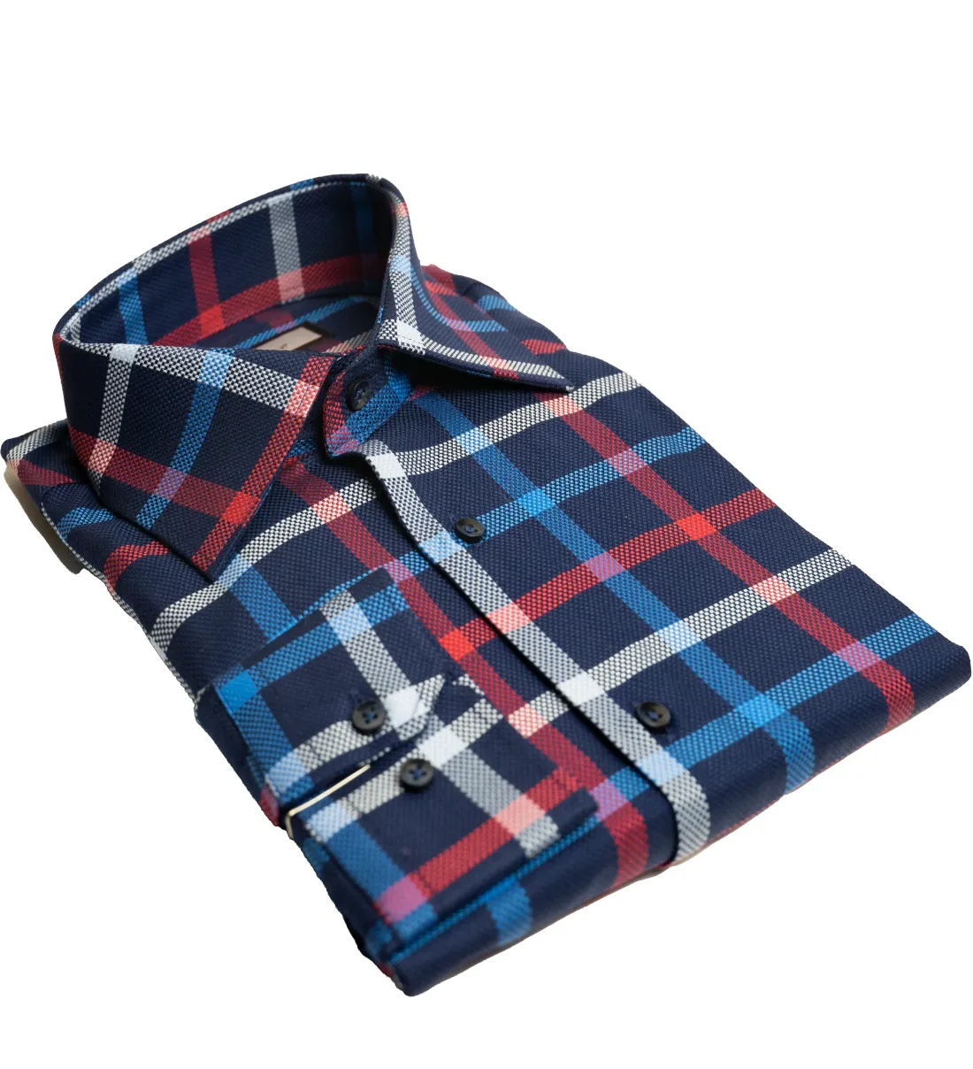 Connaisseur - Navy Blue with white, blue and burgundy plaid slim fit dress shirt