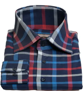 Connaisseur - Navy Blue with white, blue and burgundy plaid slim fit dress shirt