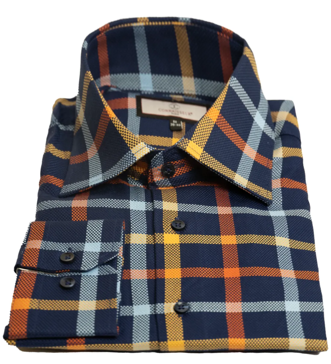 Connaisseur - Navy Blue with yellow, blue and orange plaid slim fit dress shirt