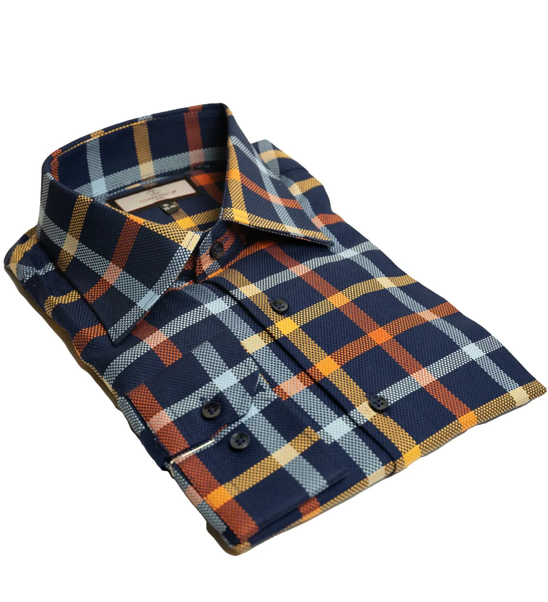 Connaisseur - Navy Blue with yellow, blue and orange plaid slim fit dress shirt