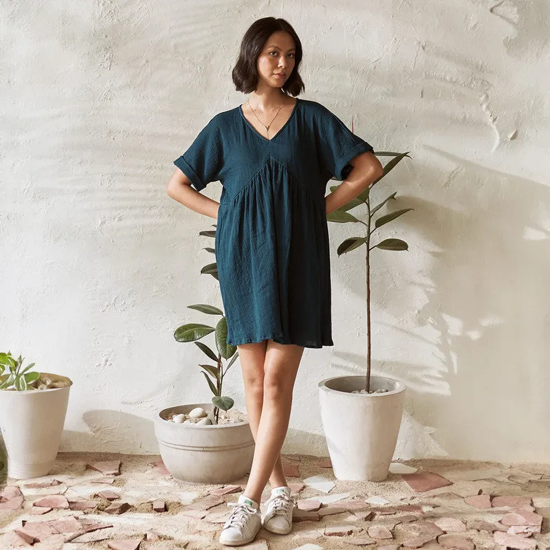 Cotton Solid Short Dress For Women | Relaxed Fit | Teal