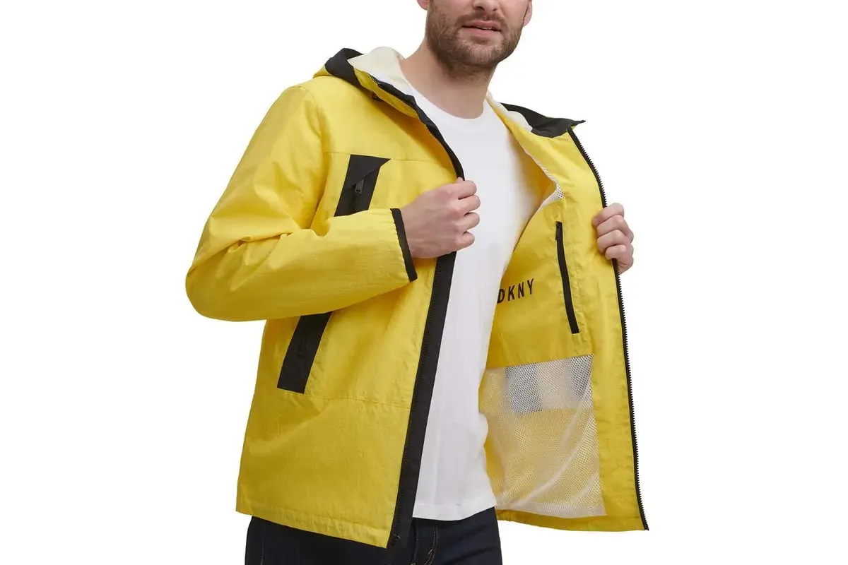 DKNY Men's Nylon Windbreaker Rain Jacket in Yellow