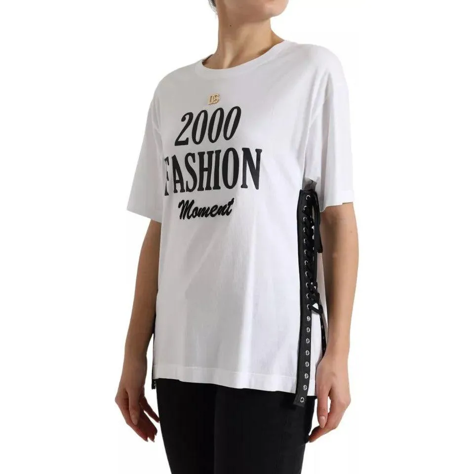 Dolce & Gabbana White Slogan Print Lacing Detailed T-shirt