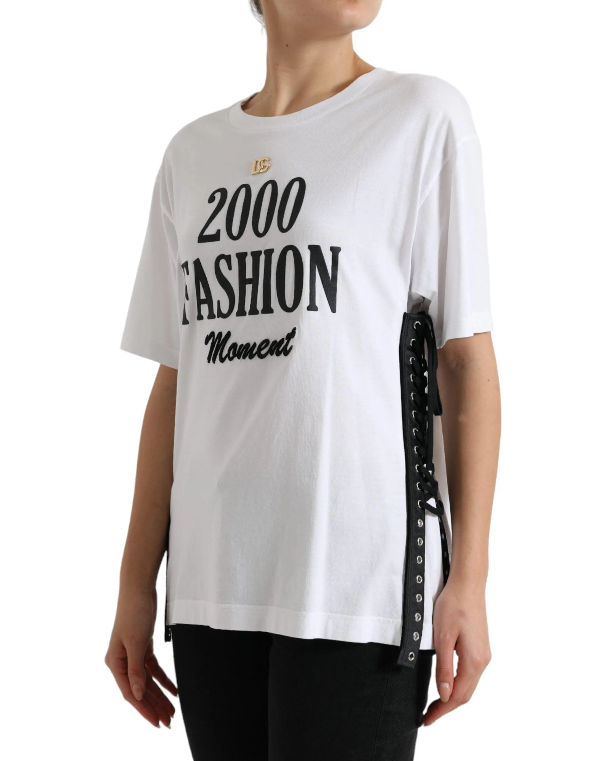 Dolce & Gabbana White Slogan Print Lacing Detailed T-shirt