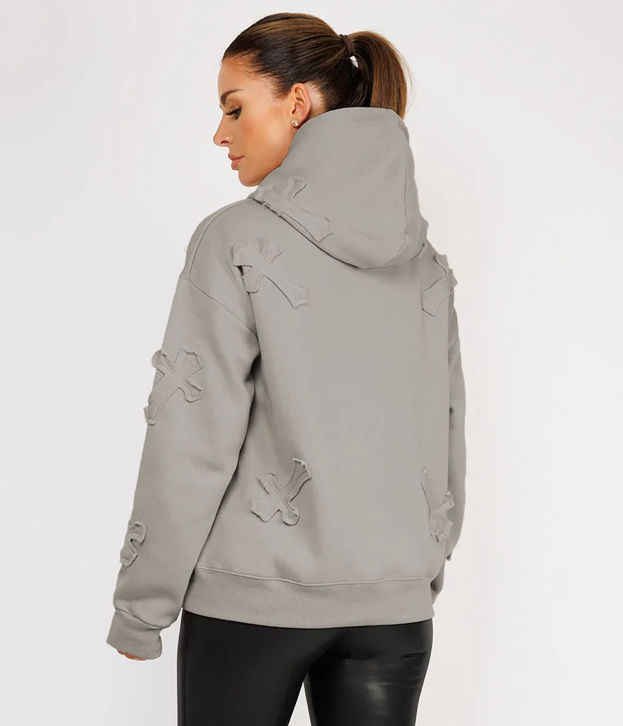 Dove Grey Crucifix Cross Patch Embroidered Hoodie