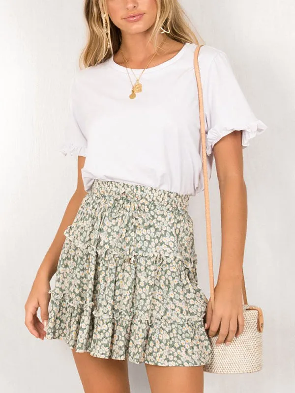 Floral Print Frill Trim A-line Skirt