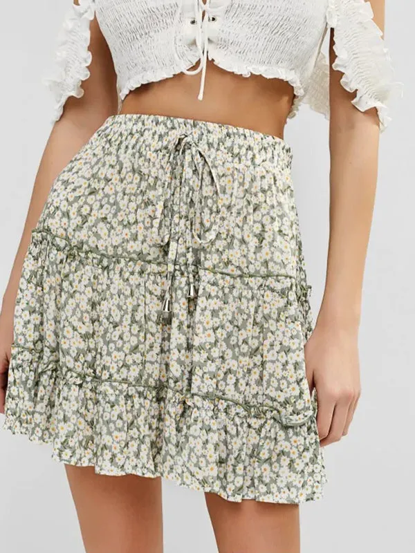 Floral Print Frill Trim A-line Skirt