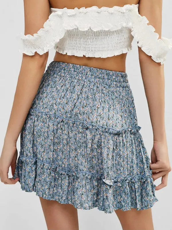 Floral Print Frill Trim A-line Skirt