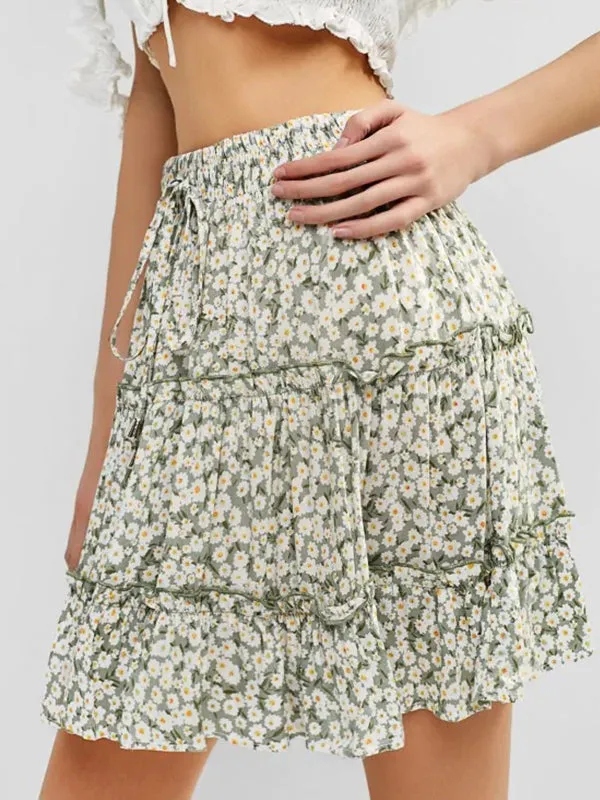 Floral Print Frill Trim A-line Skirt