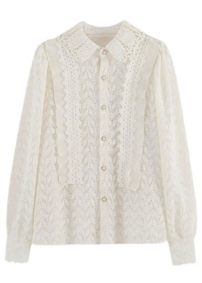 French Apricot Ruffled Button Patchwork Lace Shirt