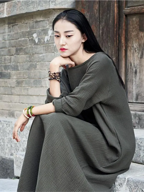 Green Long Sleeves Ramie Cotton Long Dress