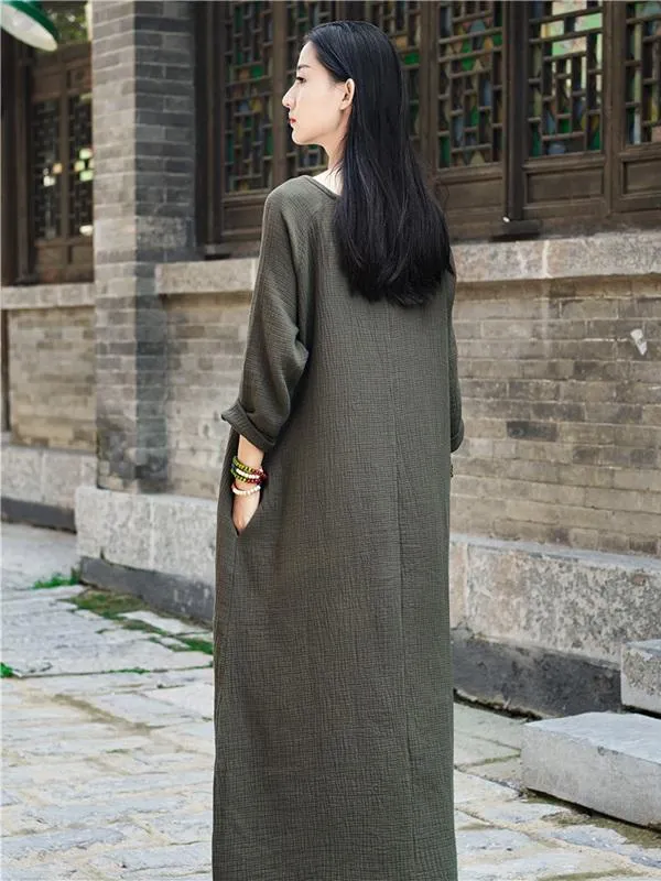 Green Long Sleeves Ramie Cotton Long Dress