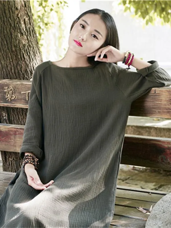 Green Long Sleeves Ramie Cotton Long Dress