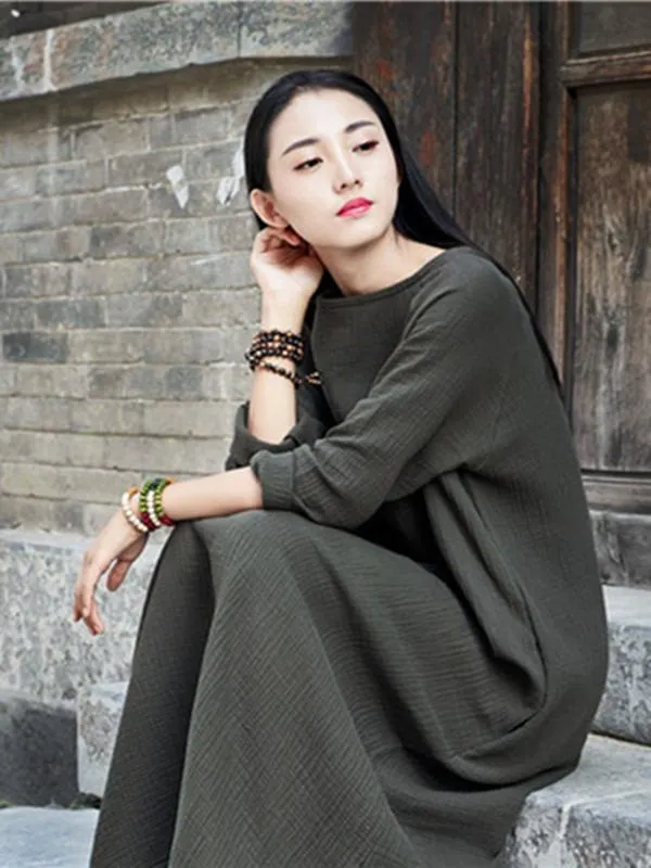 Green Long Sleeves Ramie Cotton Long Dress