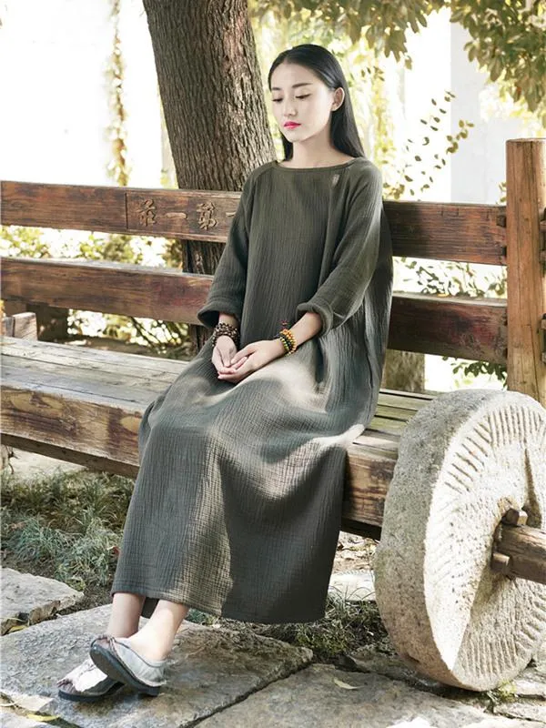 Green Long Sleeves Ramie Cotton Long Dress