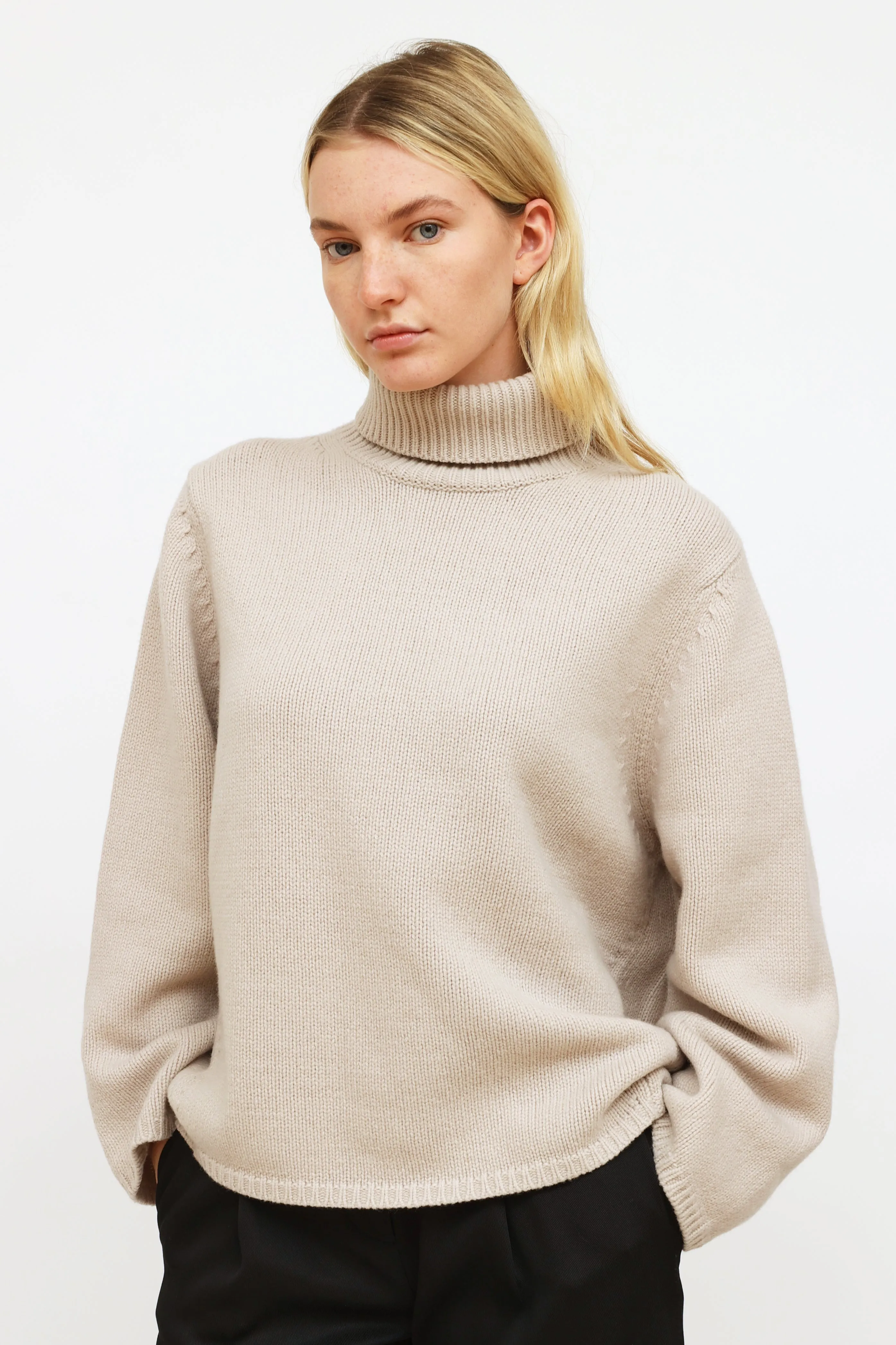 Grey Wool Knit Turtleneck Sweater