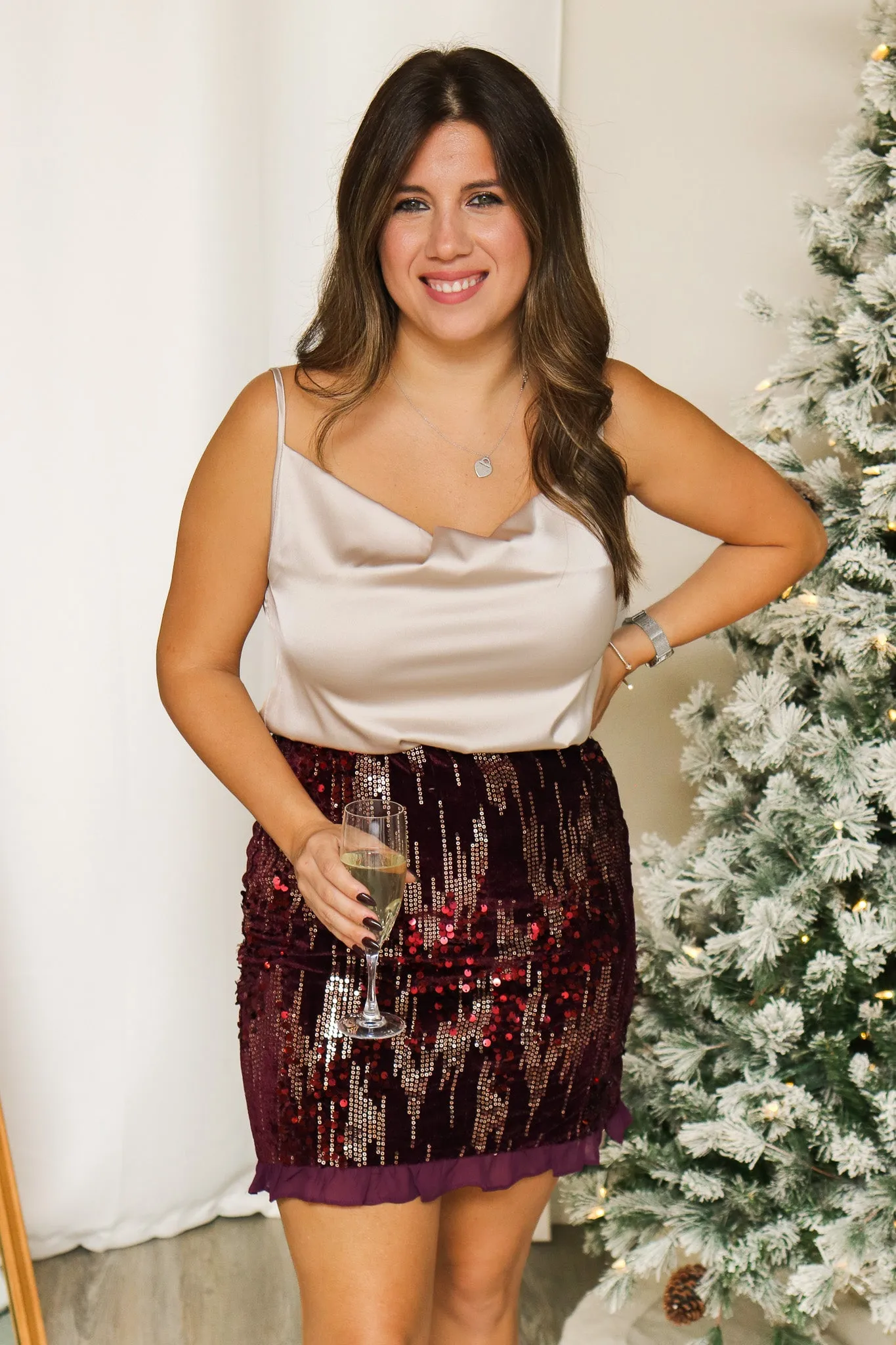 Holiday Date Wine Sequin Skirt