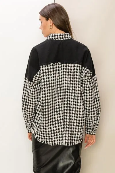 Houndstooth Contrast Raw Hem Jacket