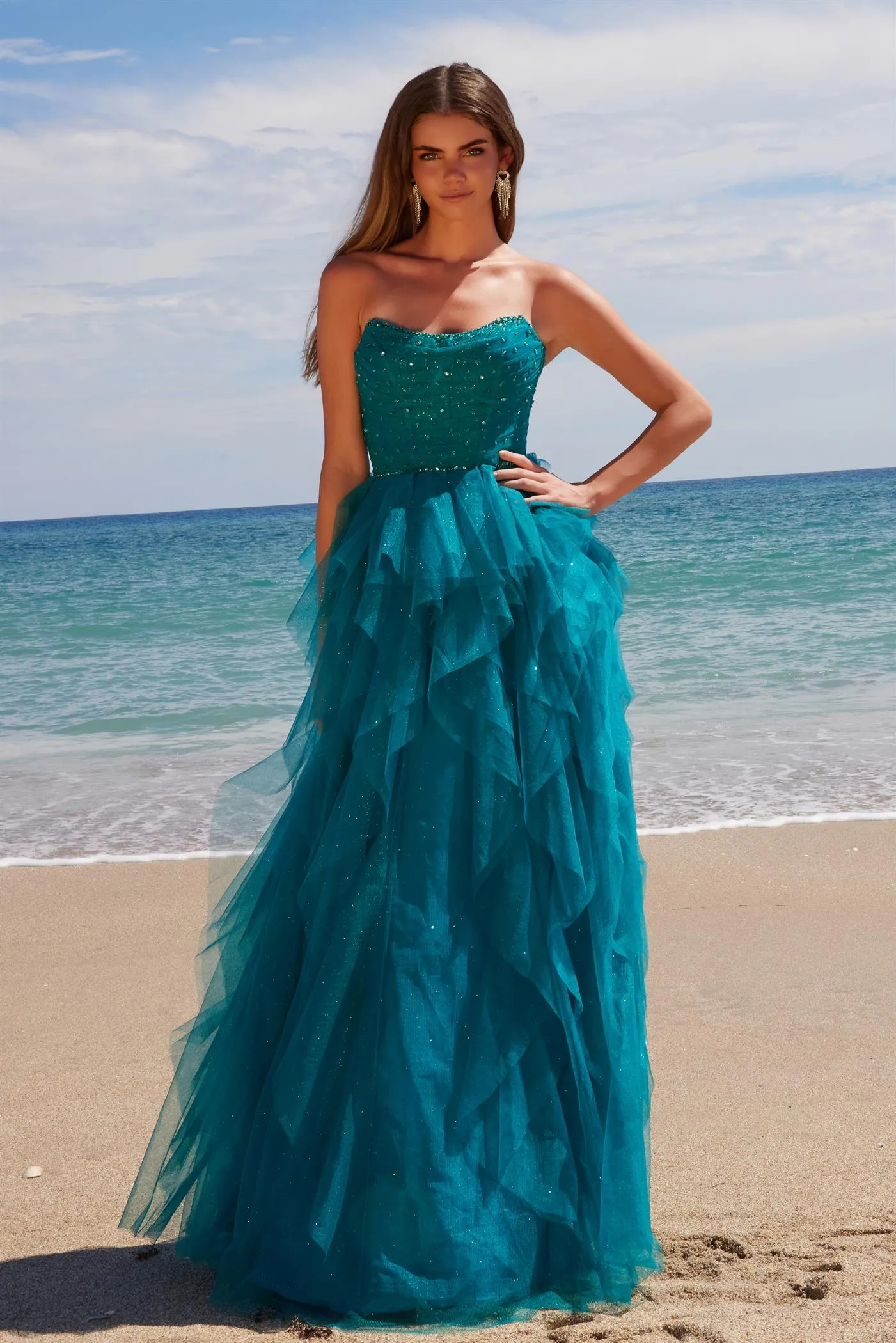 JEENE Strapless Glitter Tulle A Line Prom & Formal Dress