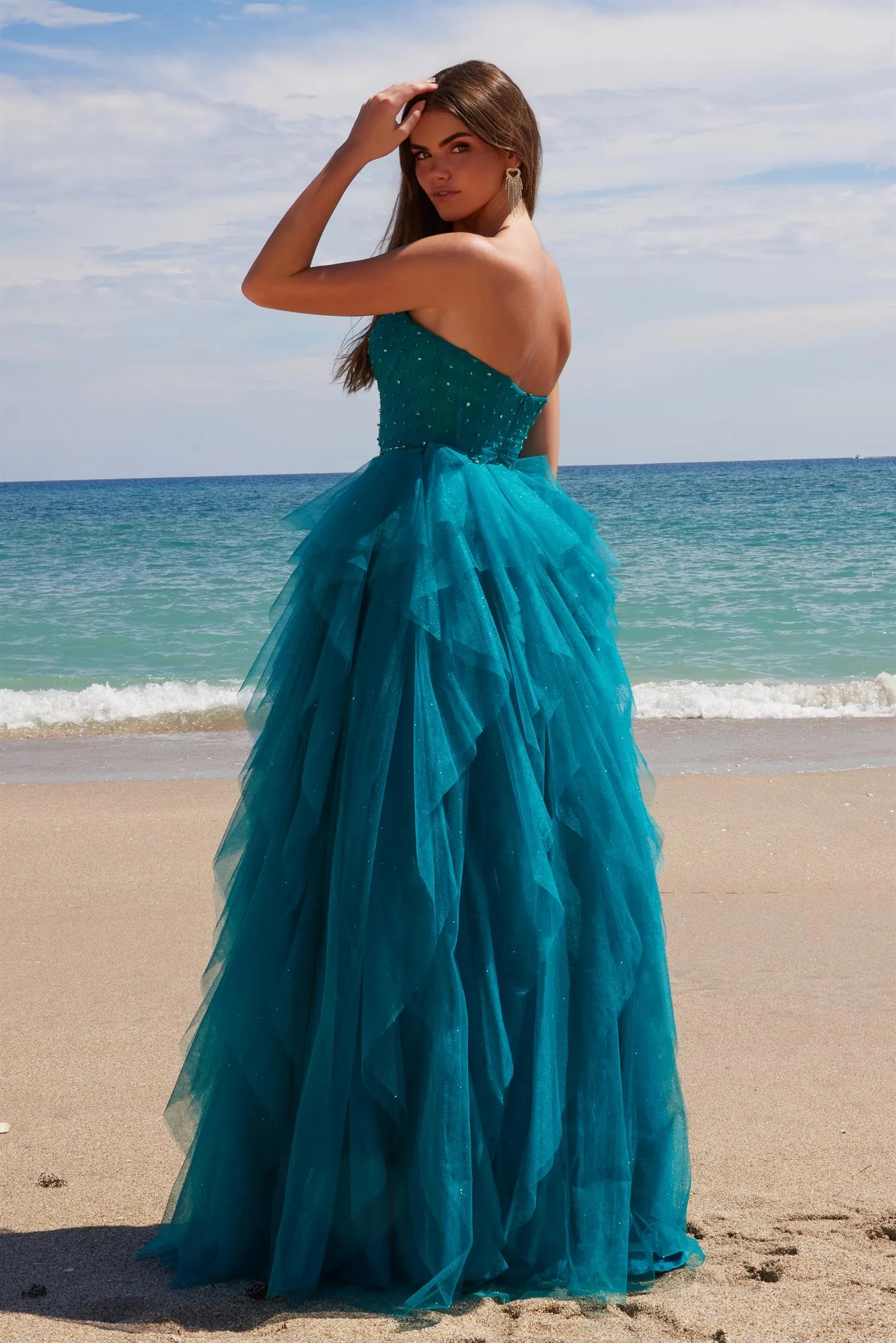 JEENE Strapless Glitter Tulle A Line Prom & Formal Dress