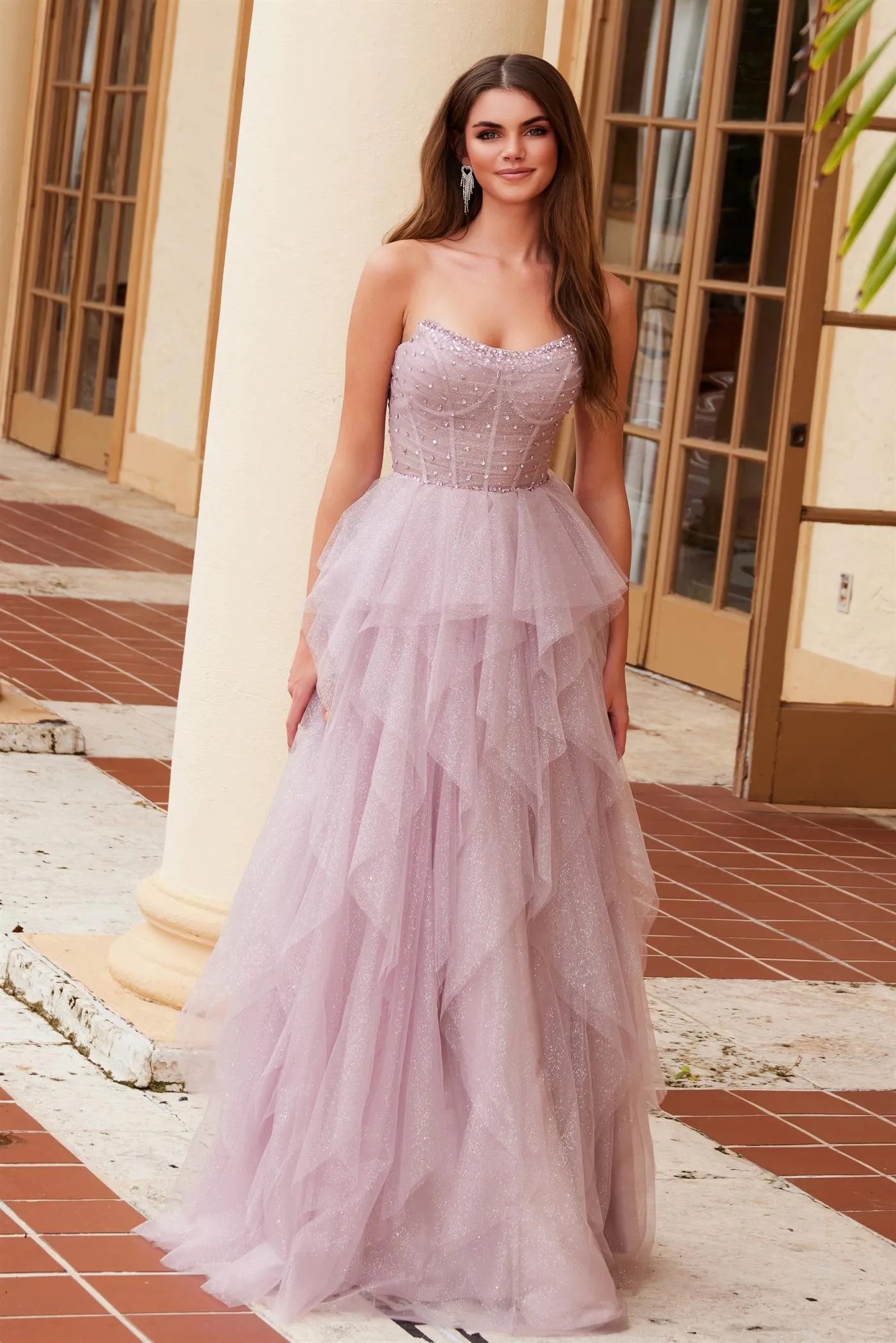 JEENE Strapless Glitter Tulle A Line Prom & Formal Dress