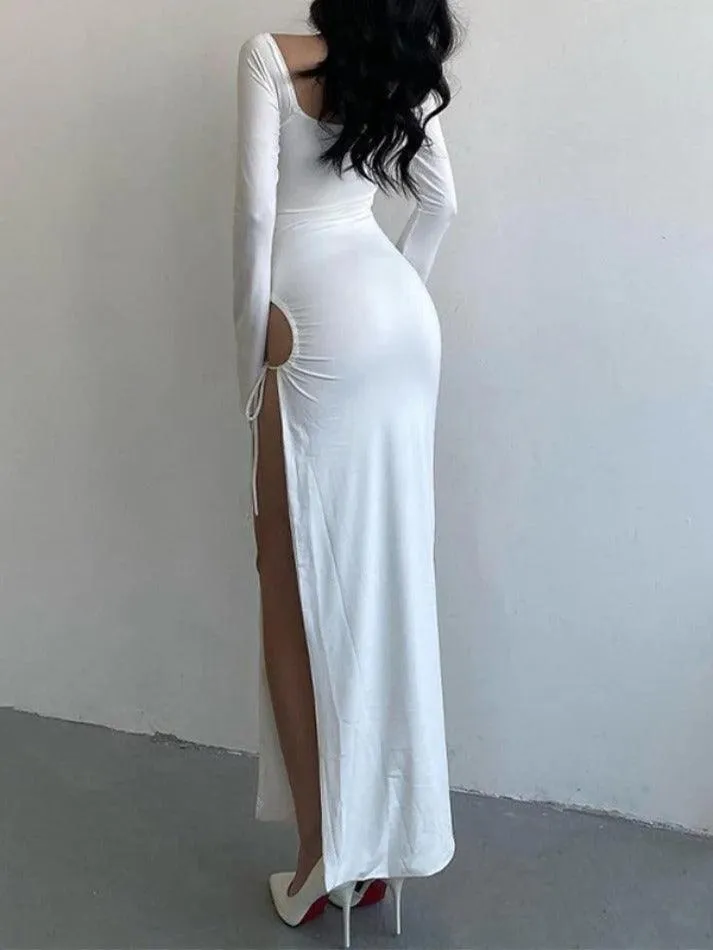 LANFUBEISI - Solid Color Cutout High Slit Lace Up Maxi Dress