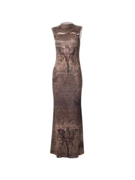 LANFUBEISI - Vintage Print Cutout Sleeveless Slim Maxi Dress