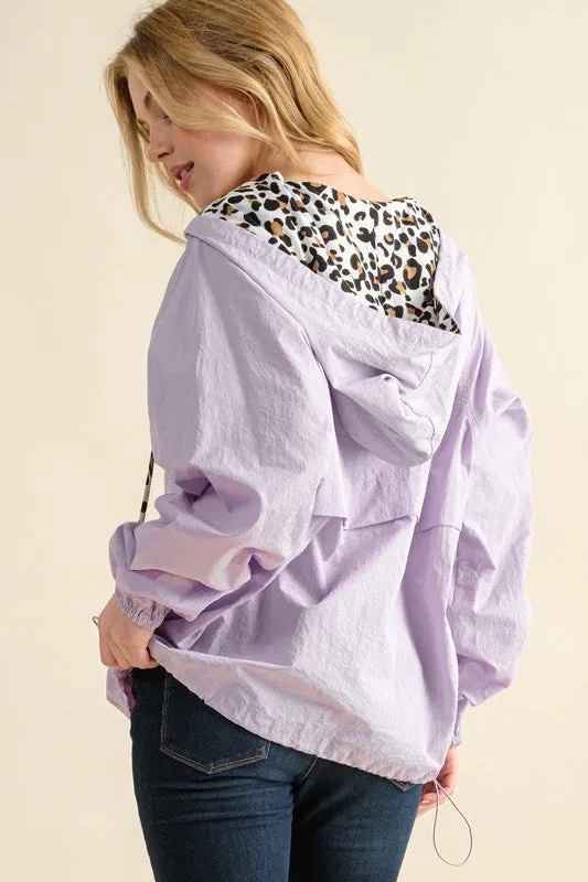 Lavender Leopard Print Hoodie Zipper Up Pocket Windbreaker