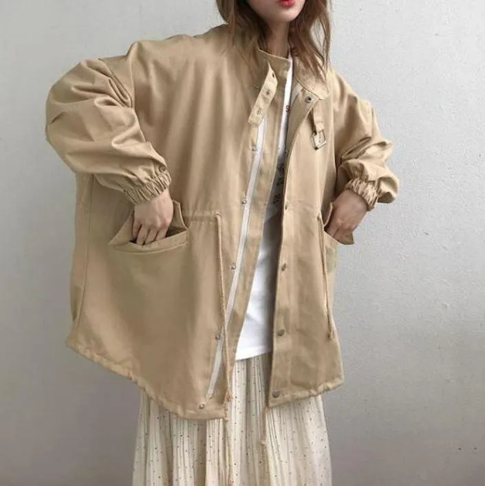 Long Windbreaker Elastic Waist Camel Jacket