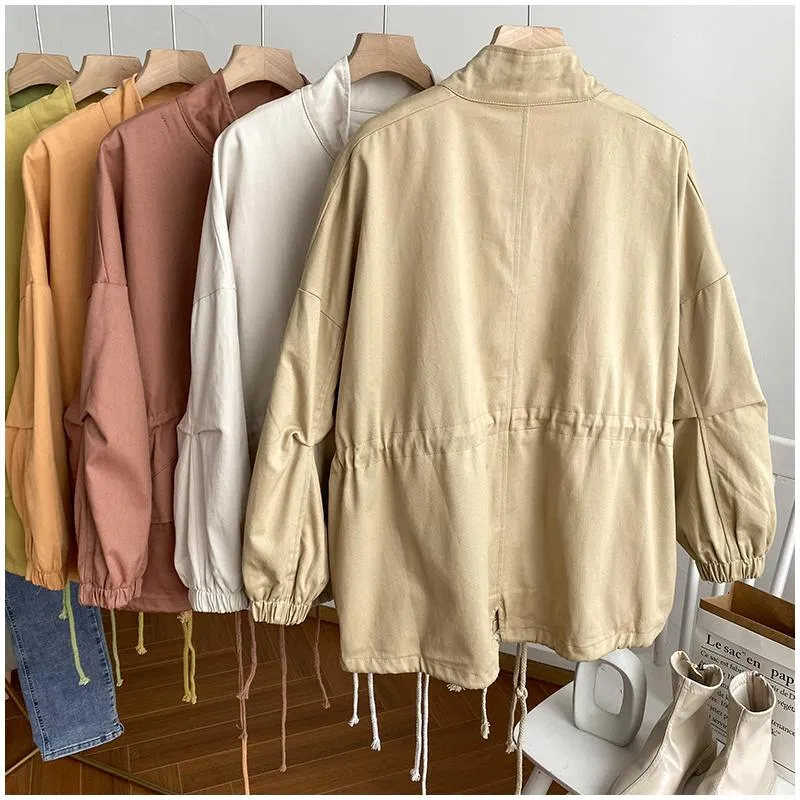 Long Windbreaker Elastic Waist Camel Jacket