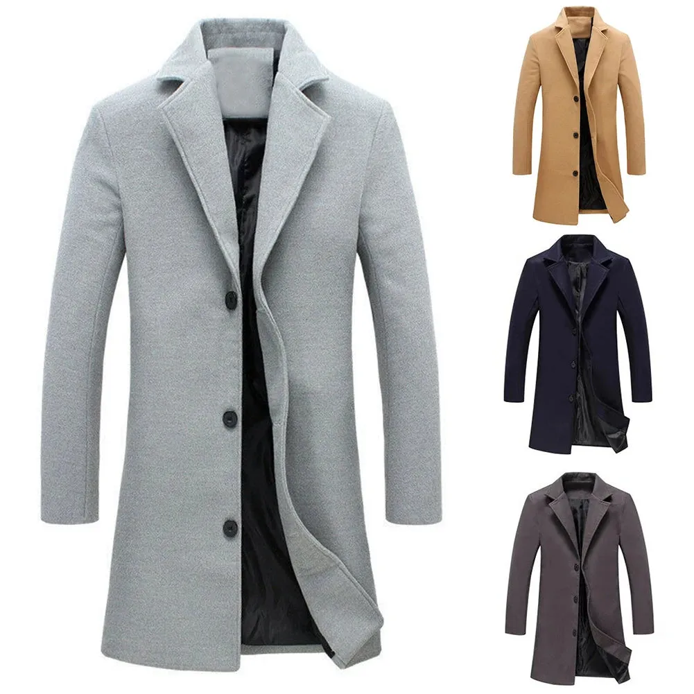 Mens Autumn Winter Solid Colour Single Breasted Lapel Long Casual Overcoat