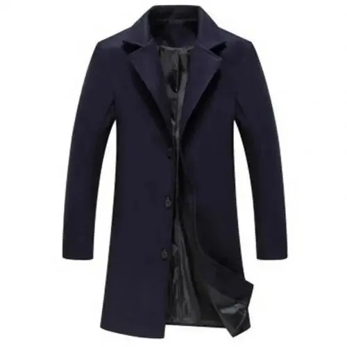 Mens Autumn Winter Solid Colour Single Breasted Lapel Long Casual Overcoat